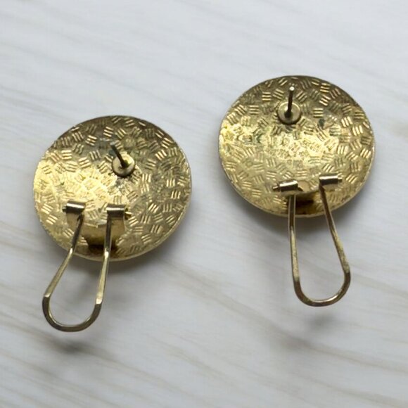 Vintage Round Enamel on Metal Pierced Earrings Geometric Shapes Gold Tone - Picture 2 of 4